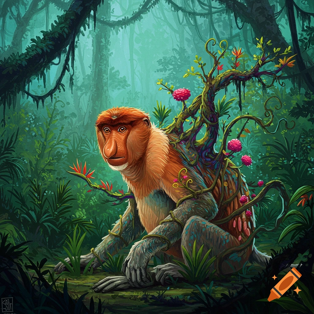 A proboscis monkey sitting in a dense jungle with plants and vines growing on its back.