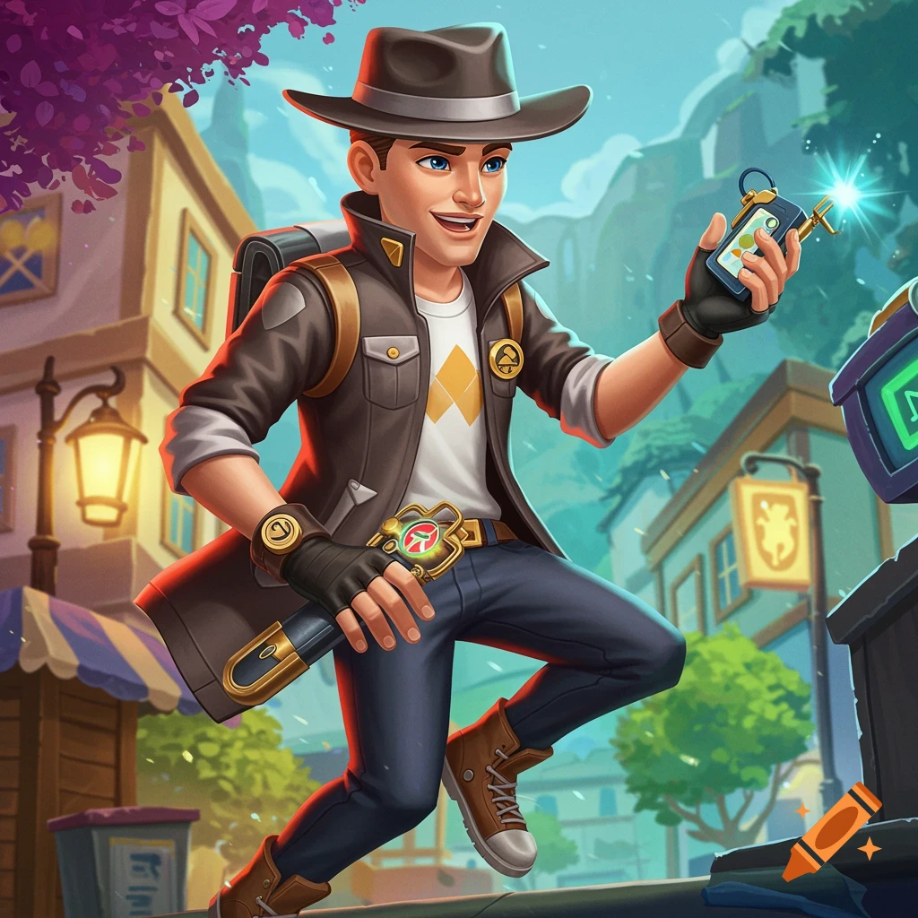 Cartoon character in adventure gear jumping with a gadget.