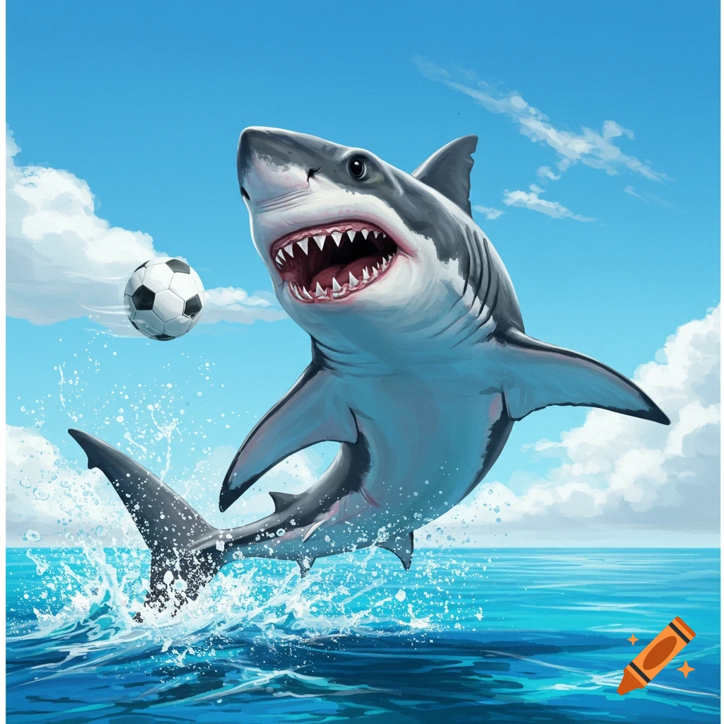 A shark leaping out of the ocean to kick a soccer ball