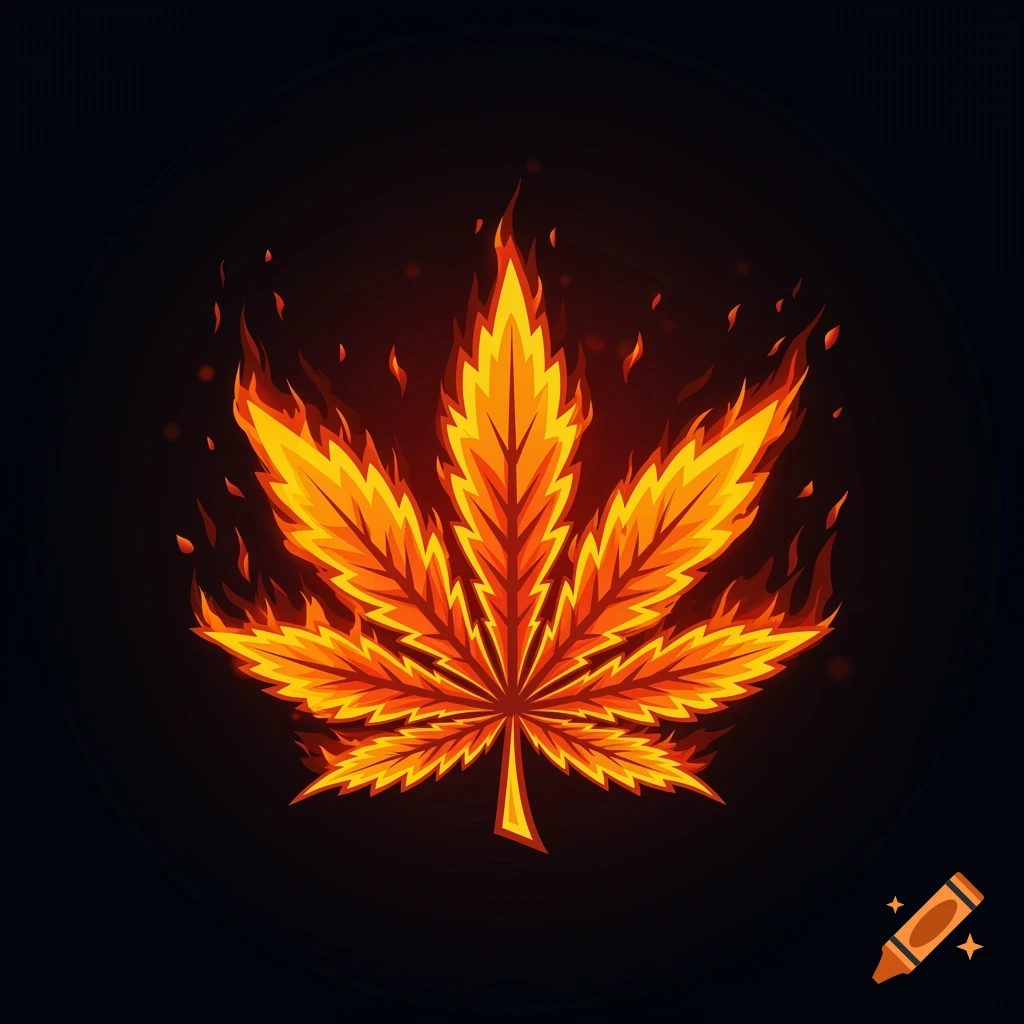 Stylized cannabis leaf burning with orange and yellow flames on a dark background.