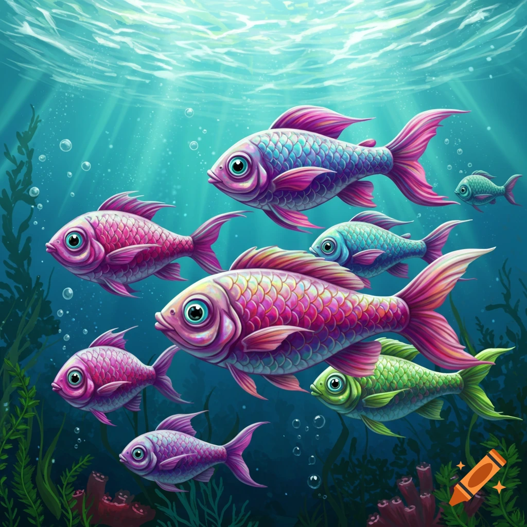 Colorful, big-eyed fish swimming in sunlit blue water.