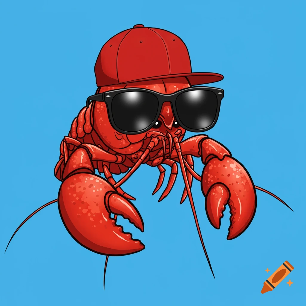 Cartoon crawfish wearing a red baseball cap and sunglasses