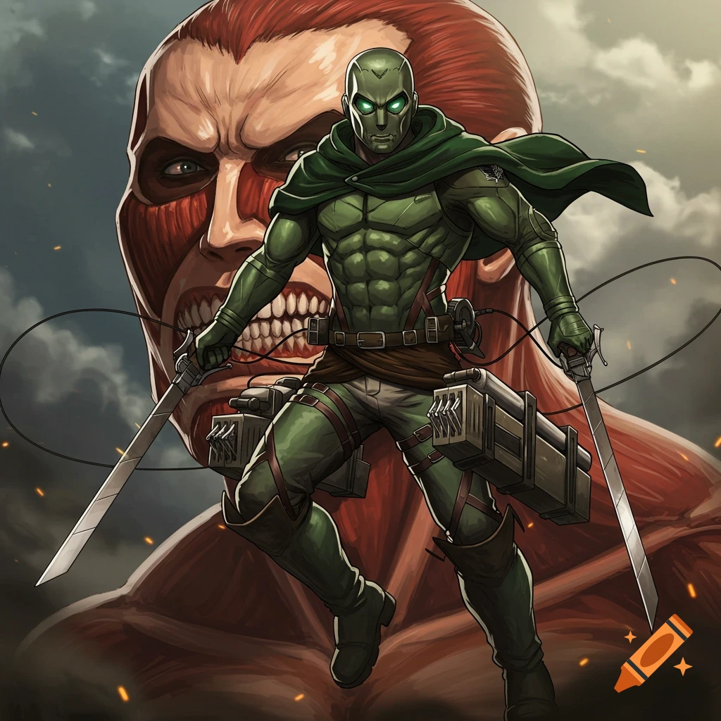 Doomslayer fighting a titan in Attack on Titan anime style