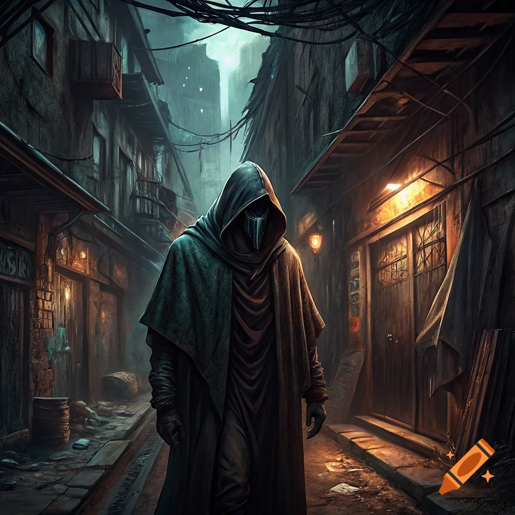 A cloaked figure with a metallic mask stands in a dark, narrow alleyway lit by lanterns, in a dark fantasy style.