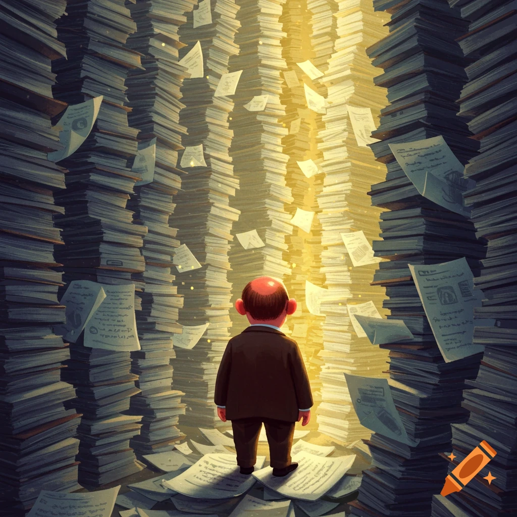 A person standing among huge stacks of documents