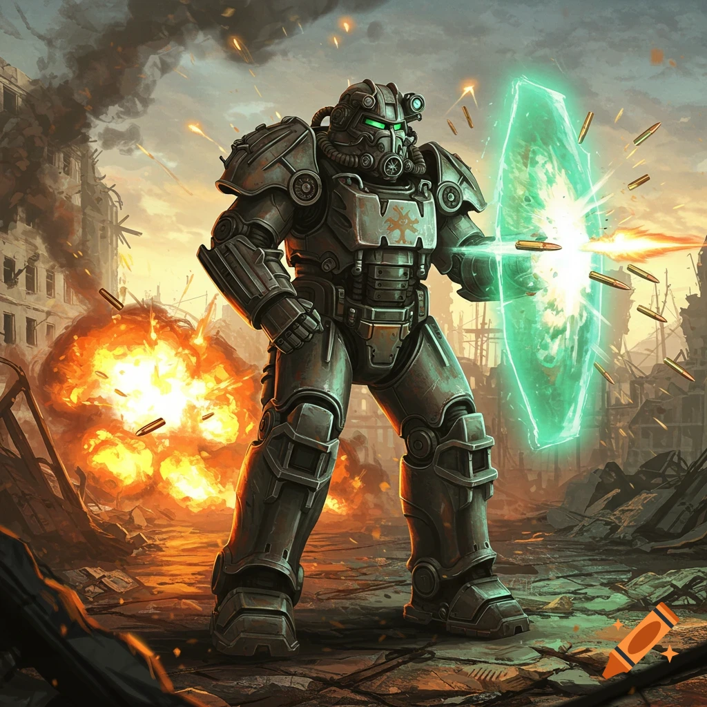 Fallout T-60 power armor deflecting bullets with a glowing shield in a ruined city.
