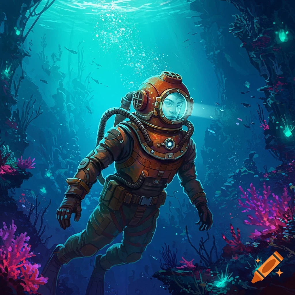 A deep-sea diver in an antique suit explores a colorful coral reef underwater.