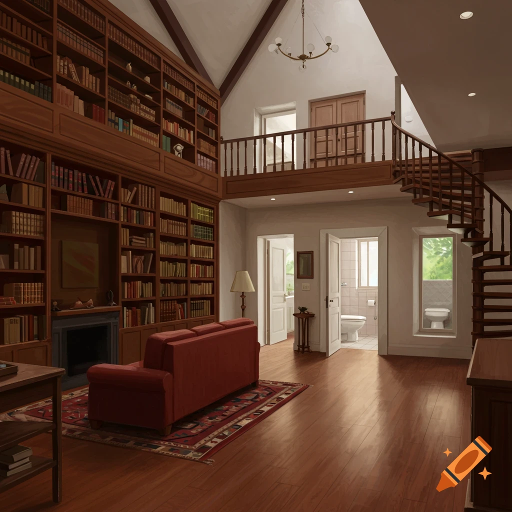 A grand library and living room with tall bookshelves, a red sofa, and a spiral staircase.