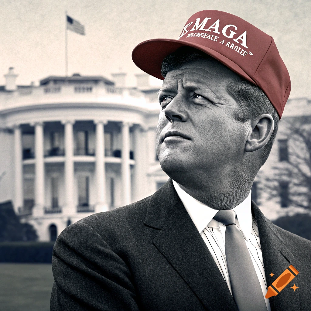 Man resembling JFK wearing a red hat with text, standing in front of the White House, black and white photo.