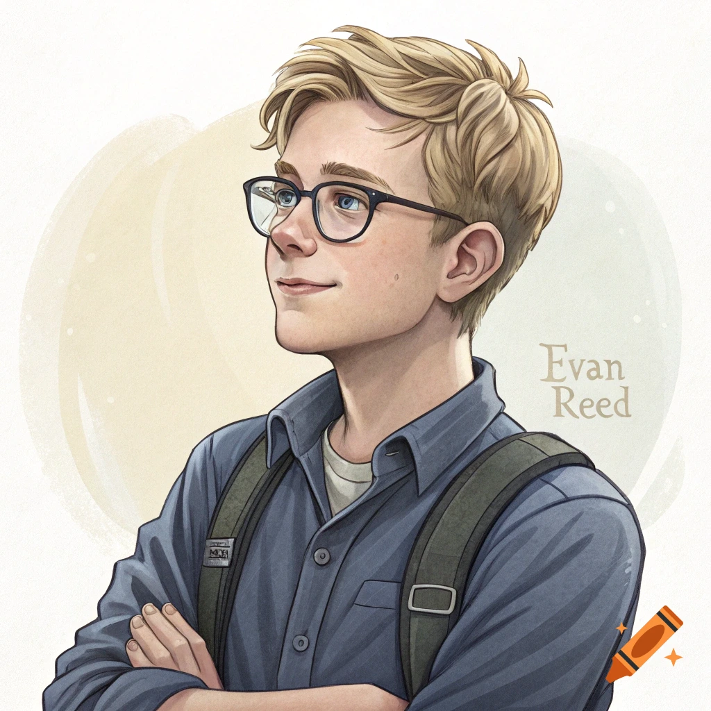 Illustration of a young man with blond hair and glasses, wearing a blue shirt and backpack, arms crossed. Text "Evan Reed" on the side.