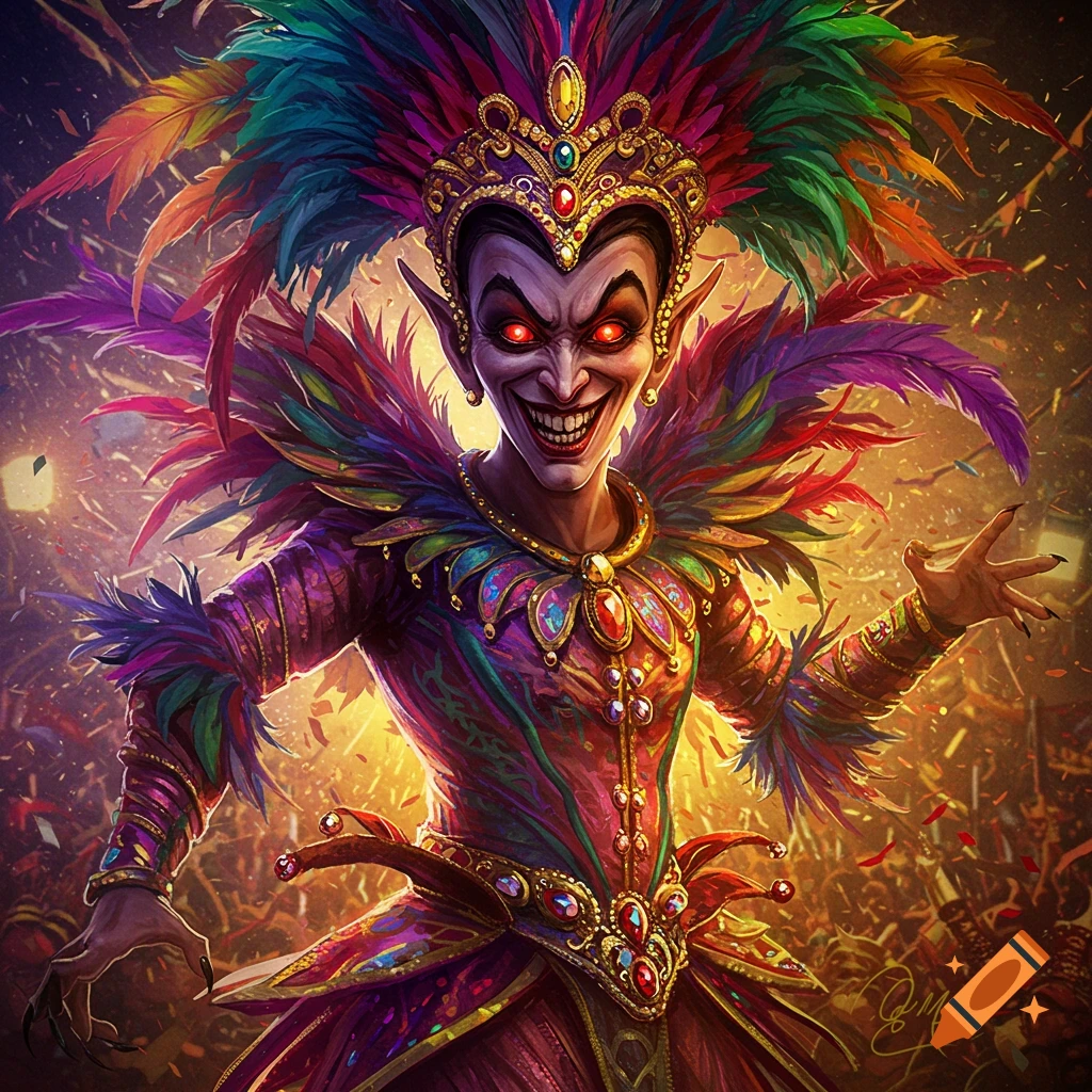 An evil-looking creature in a vibrant feathered and jeweled carnival costume with sharp teeth and glowing eyes.