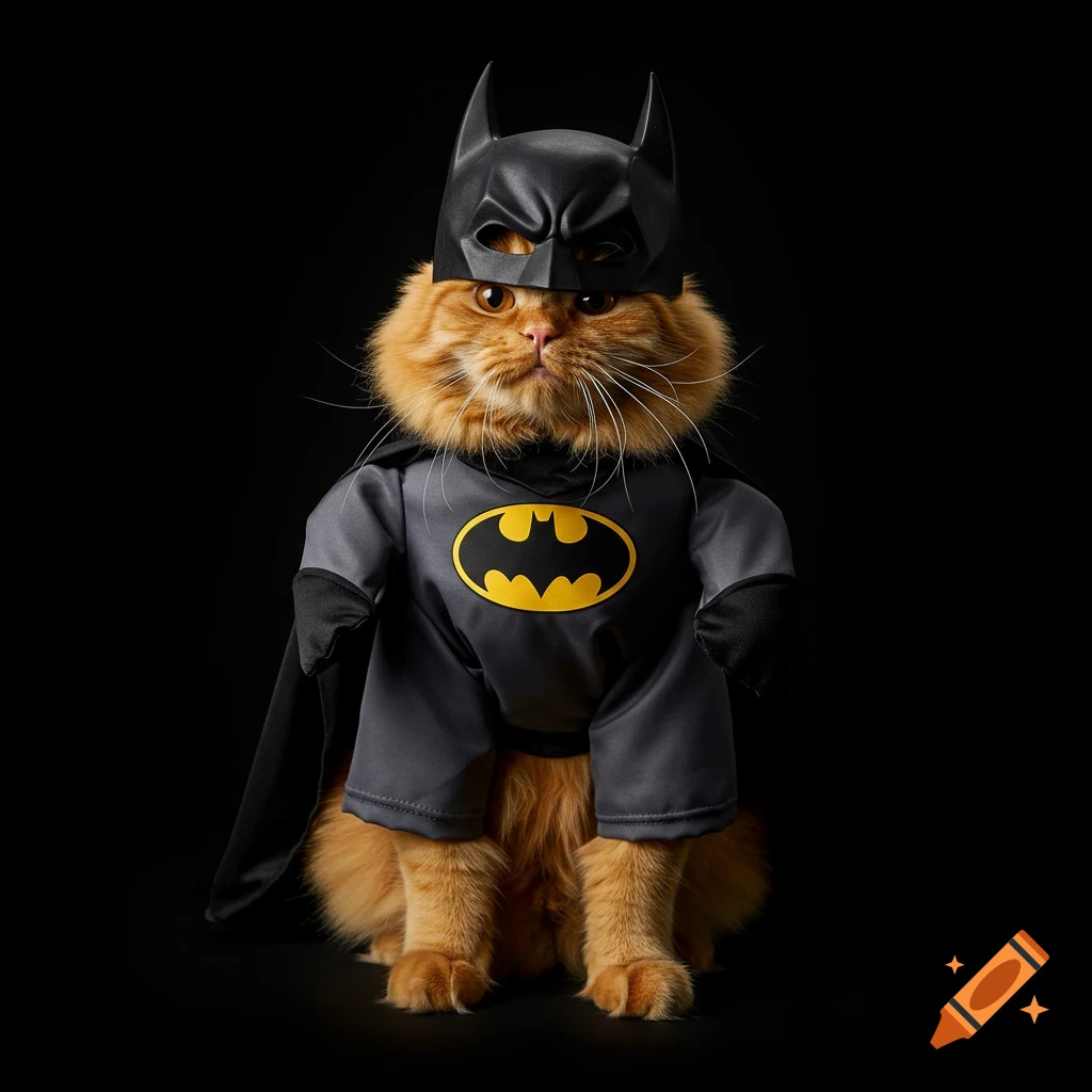 An orange cat wearing a Batman costume sits on a black background.