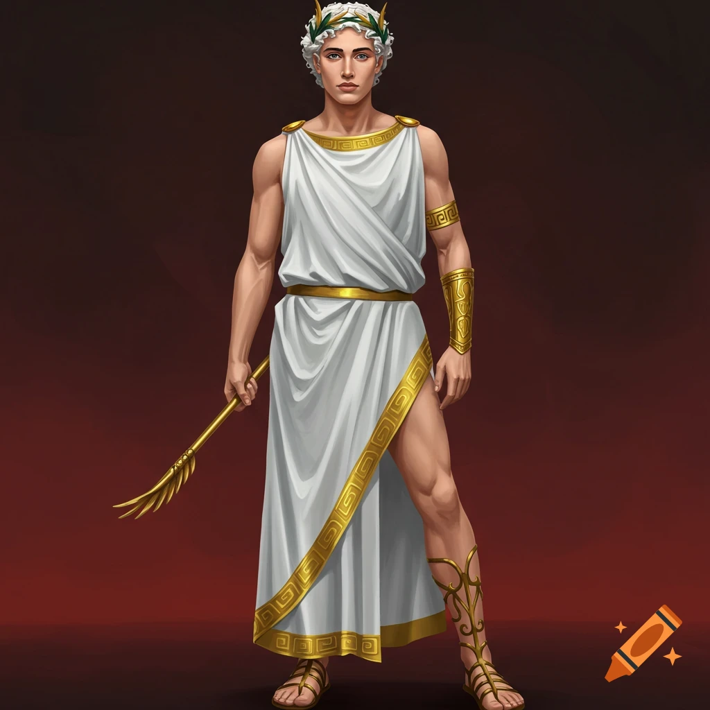 A male figure in modernized Greek attire, with white robes and gold armor, holding a staff.