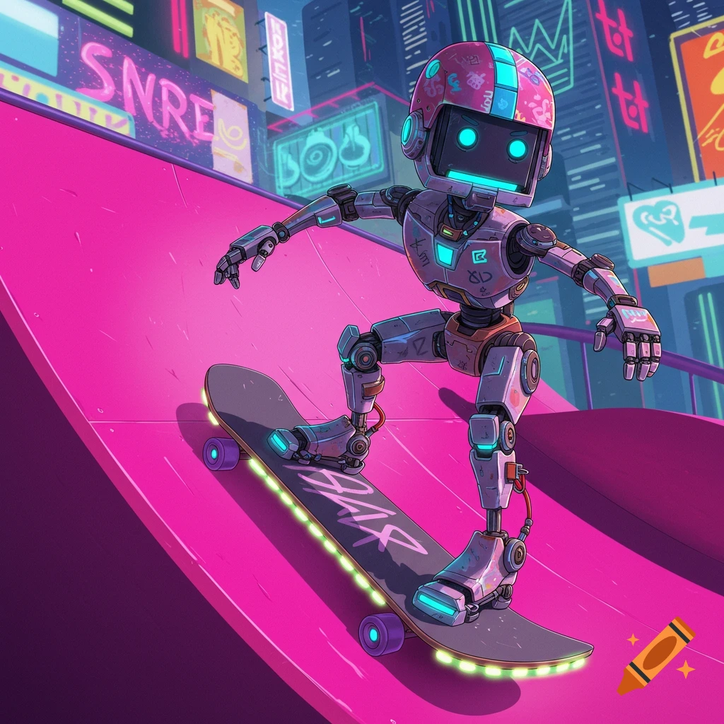 A robot on a skateboard rides down a pink ramp in a neon futuristic city.