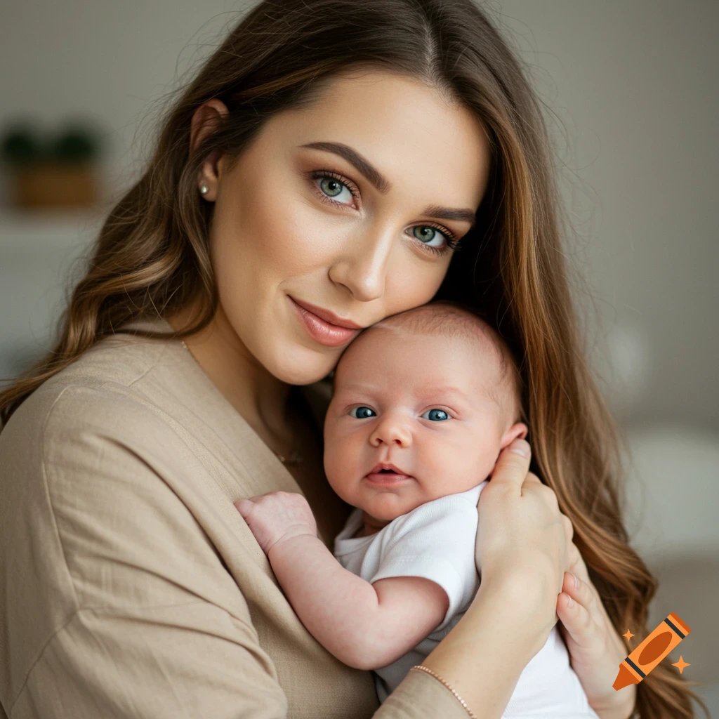 A close-up of a mother holding her baby, bathed in soft light. Photorealistic.