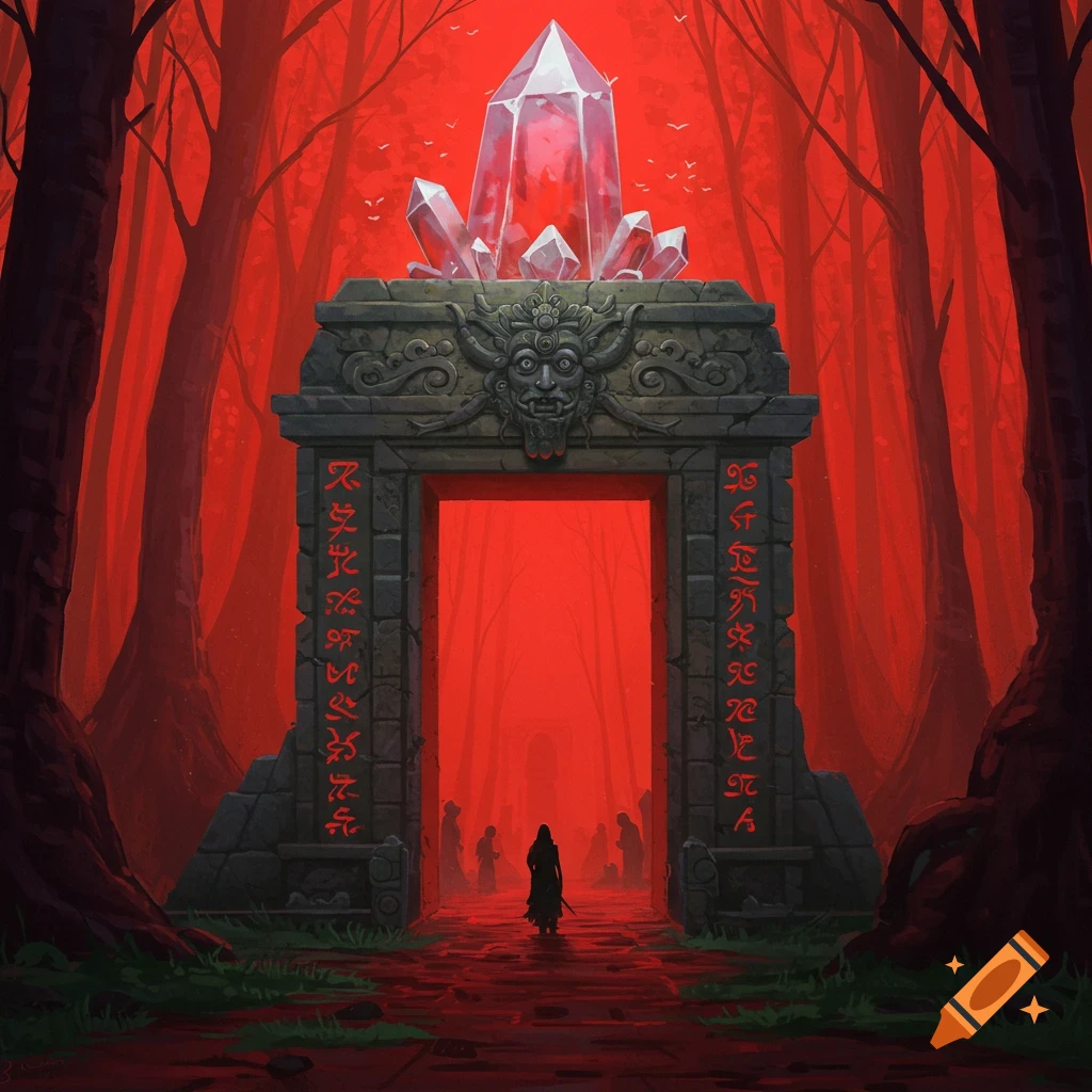 A stone portal with weird writing and a large crystal stands in a dark red forest, with figures walking towards it.