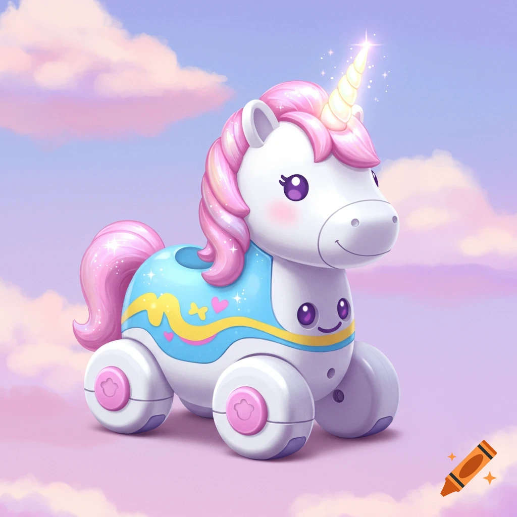 A toy unicorn with pink mane and tail on wheels floats in a pastel sky.