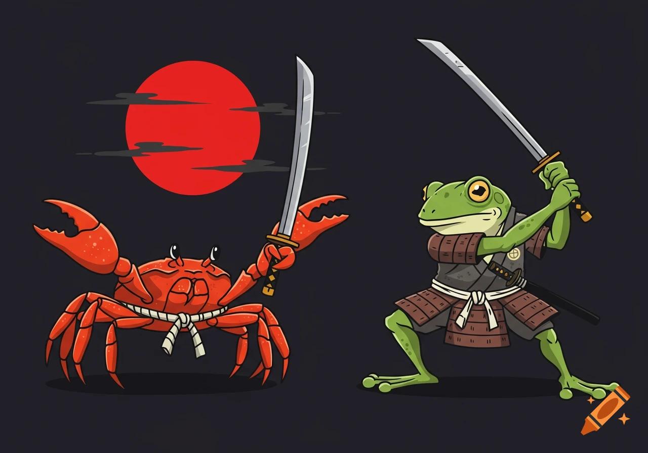 A stylized vector graphic shows a crab and a frog dressed as samurai, holding swords, against a dark background with a red sun.