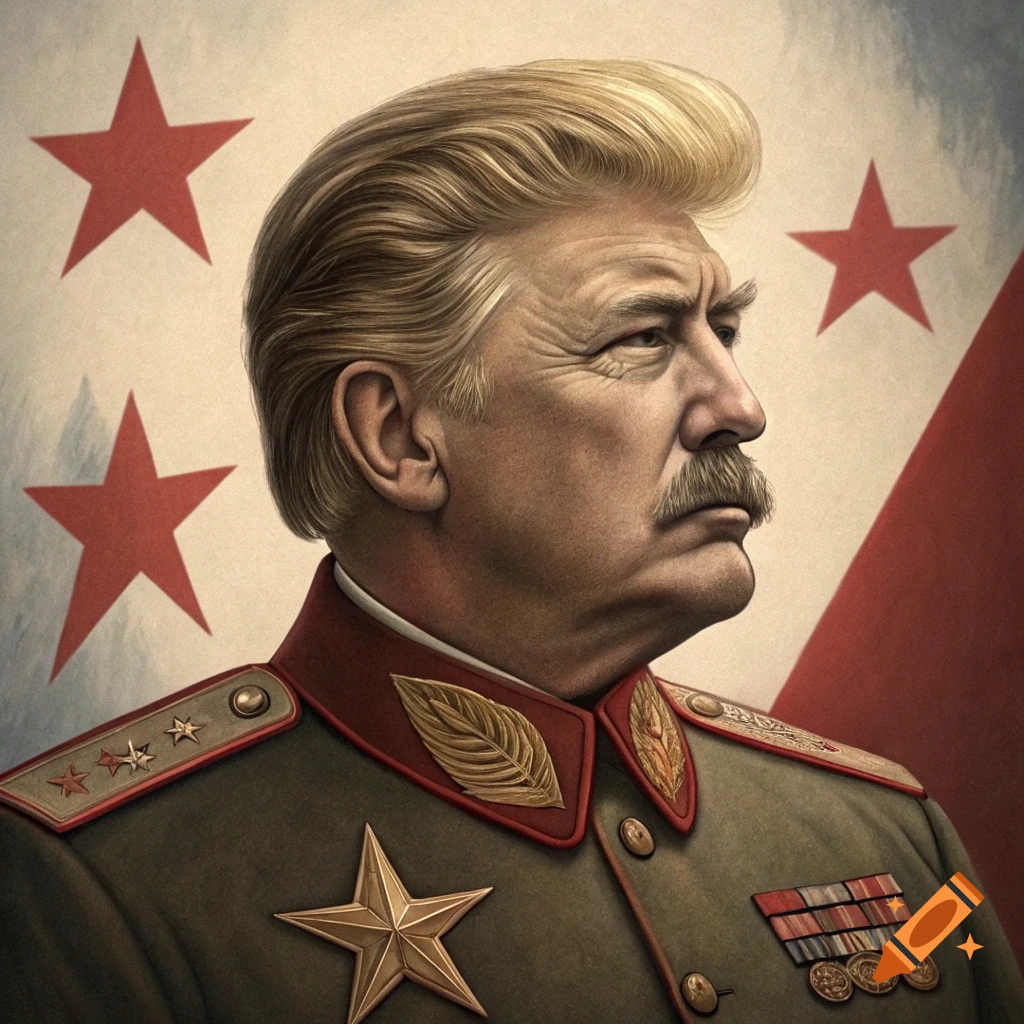 Soviet-style portrait of a man with Donald Trump's face and Joseph Stalin's hair and mustache in military uniform with red stars.