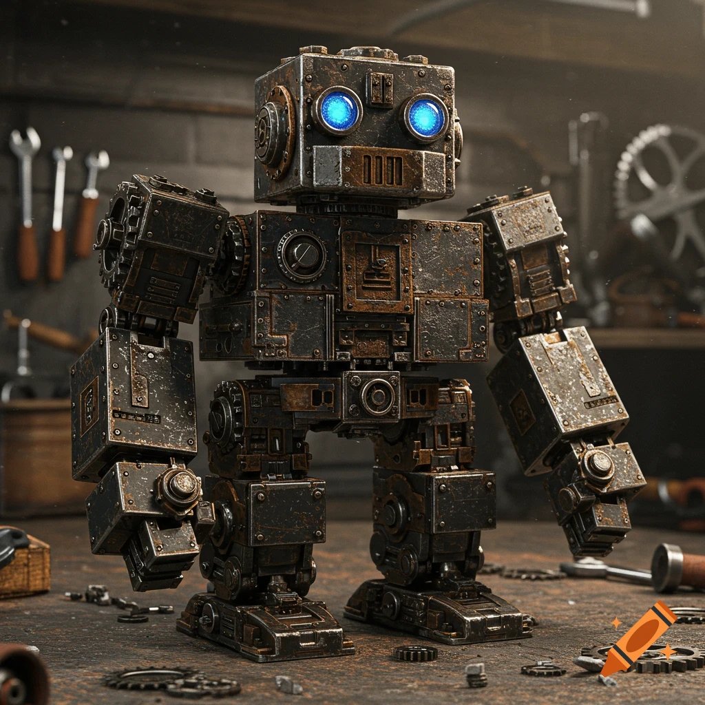 A blocky robot made of rusted metal and cogs with glowing blue eyes stands in a workshop.