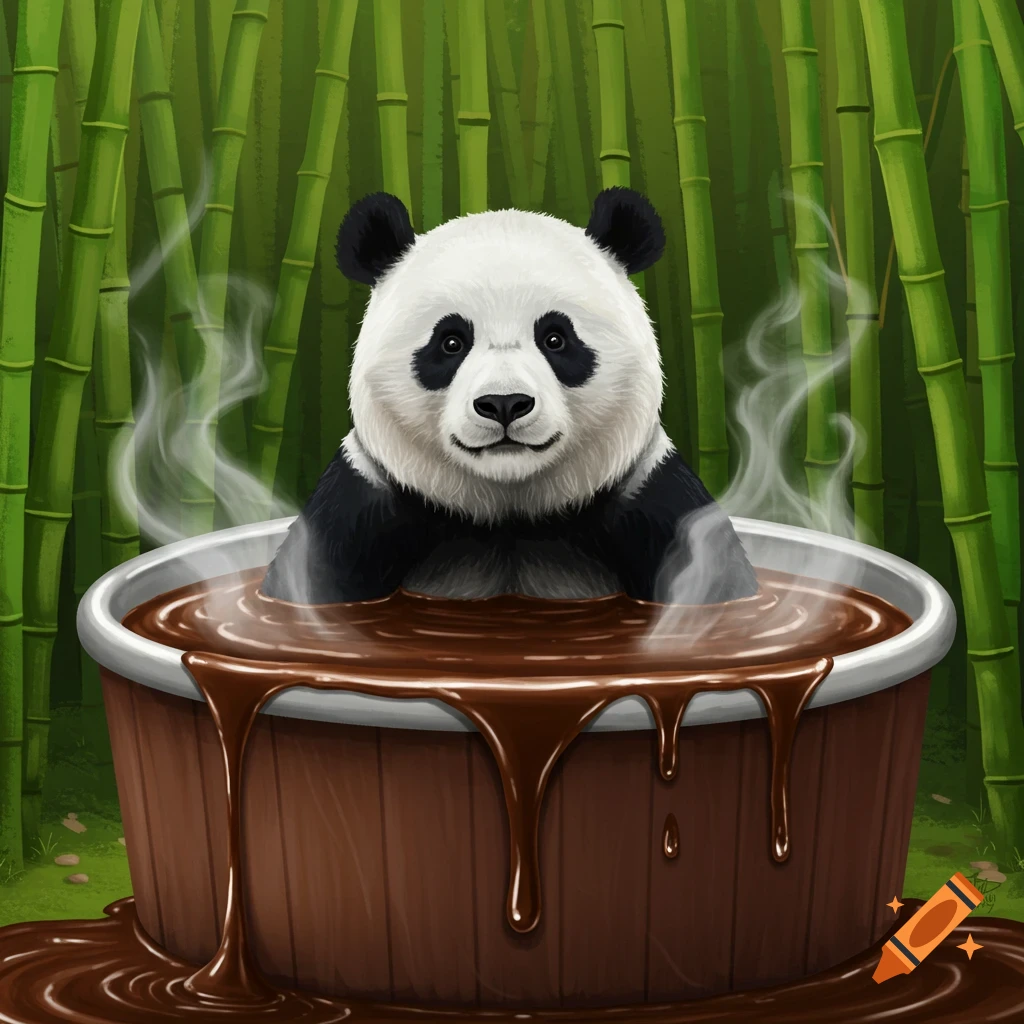 A panda relaxing in a hot tub of molten chocolate in a bamboo forest.