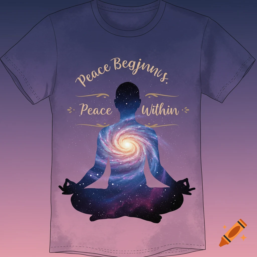 A purple t-shirt with a meditating silhouette filled with a galaxy and surrounding text