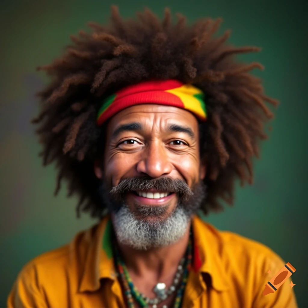 Close-up portrait of a smiling man with dreadlocks, beard, and a red, yellow, green headband