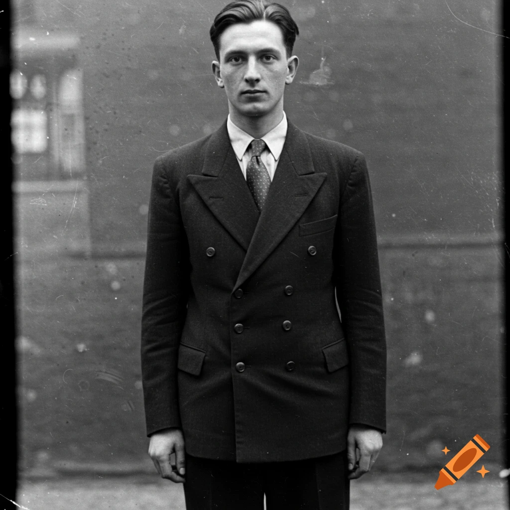 Black and white portrait of a young man wearing a 1940s double-breasted suit.