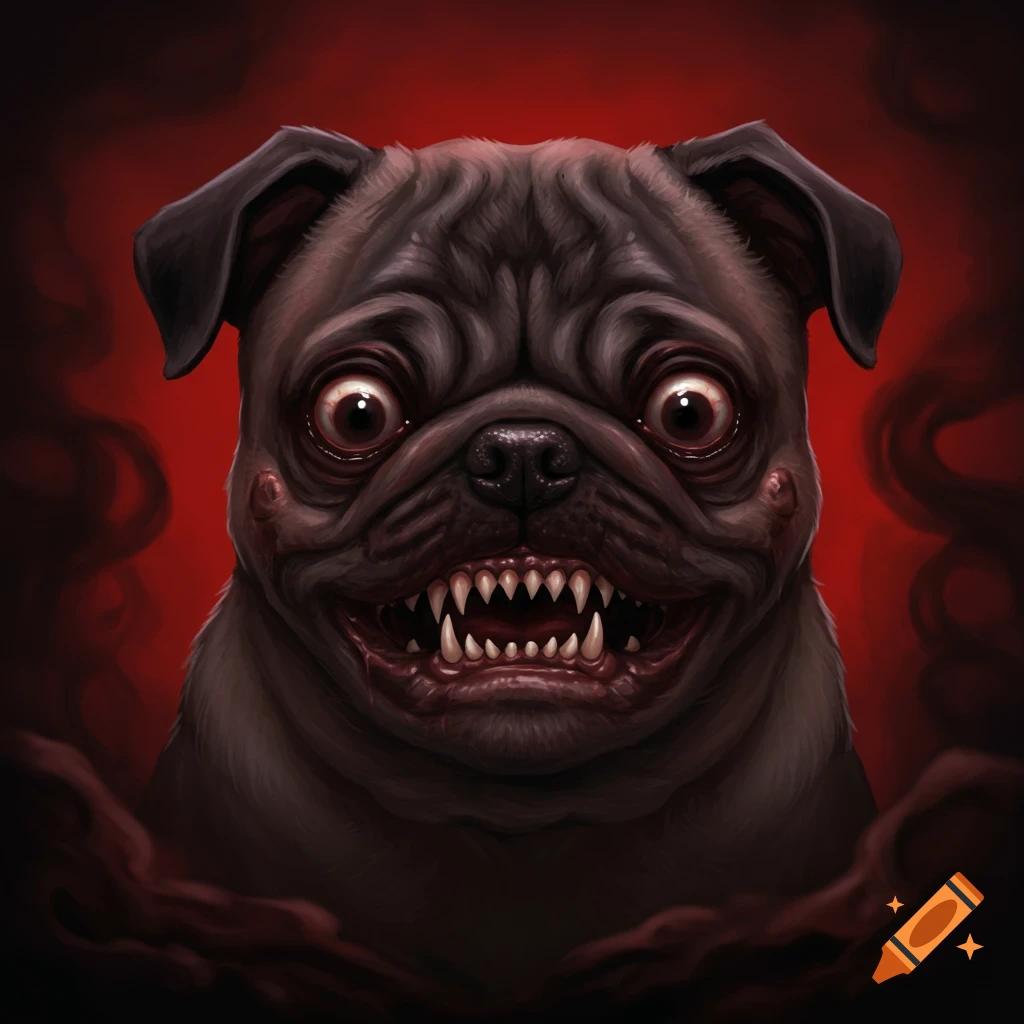 A scary pug with sharp teeth and red eyes against a red background.