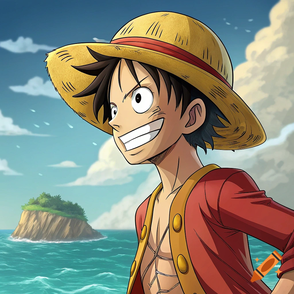 Anime character Luffy wearing a straw hat and red vest, smiling by the ocean.