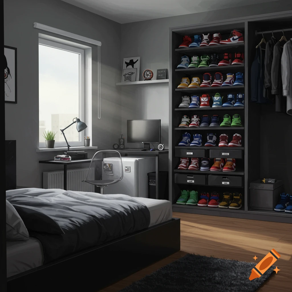 A bedroom with a black bed, desk with computer, minifrige, and a closet filled with many colorful high-top shoes.