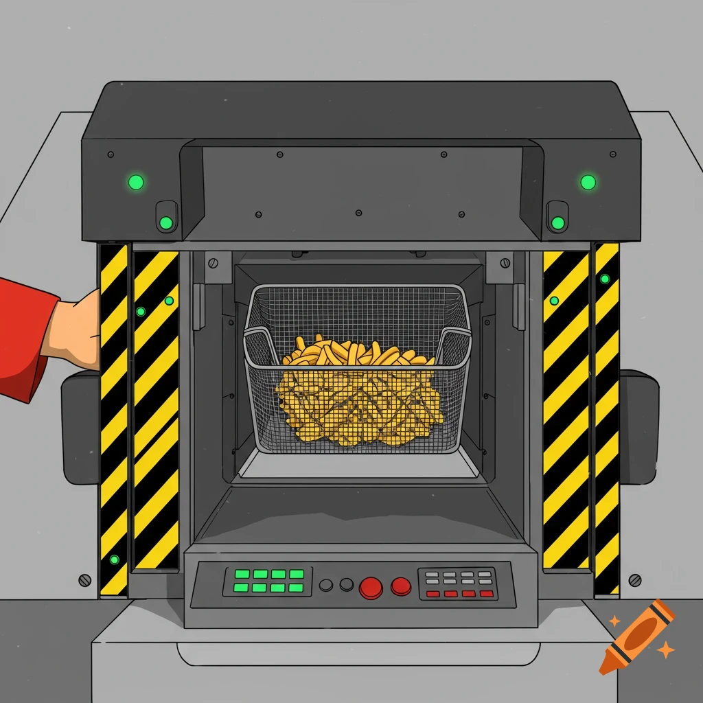 Cartoon illustration of a robotic fryer system with a basket of french fries being inserted by a hand.