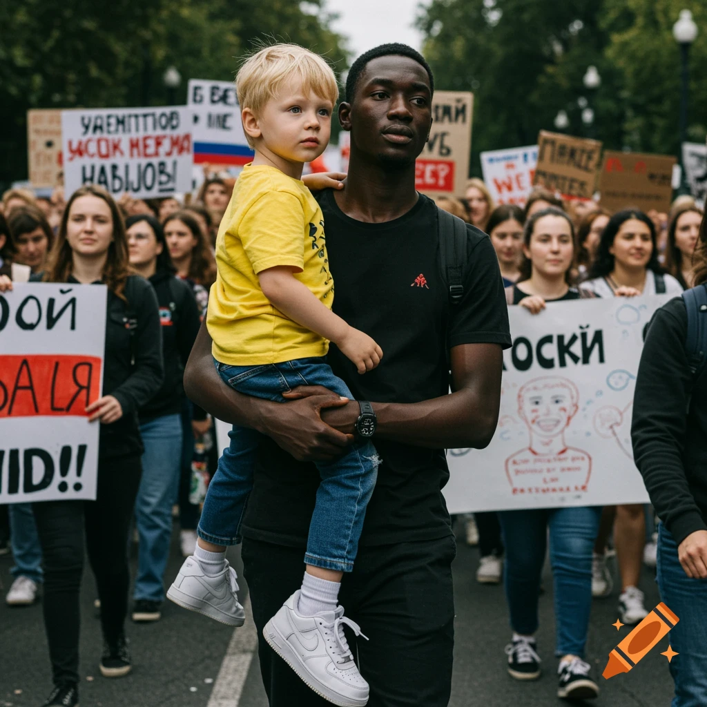 A Black man holds a young child at a protest, with a crowd and signs behind them.