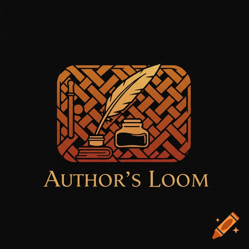 Logo with a feather pen, ink bottle, and book over a woven pattern, with the text "Author's Loom".
