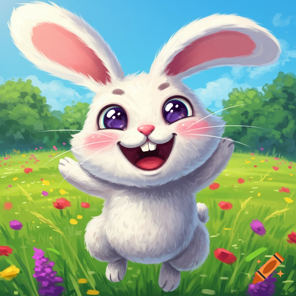 Cartoon rabbit laughing in a flowery field.
