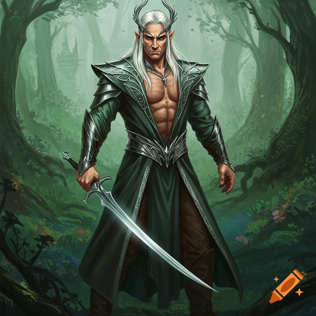 A fantasy elf warrior with white hair and armor holds a sword in a forest.