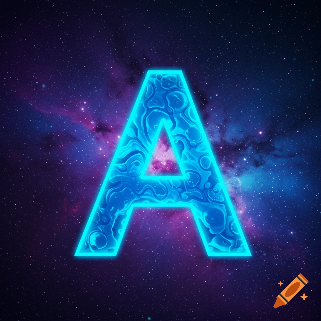 A glowing blue letter A with swirly texture against a galaxy background. Digital art.