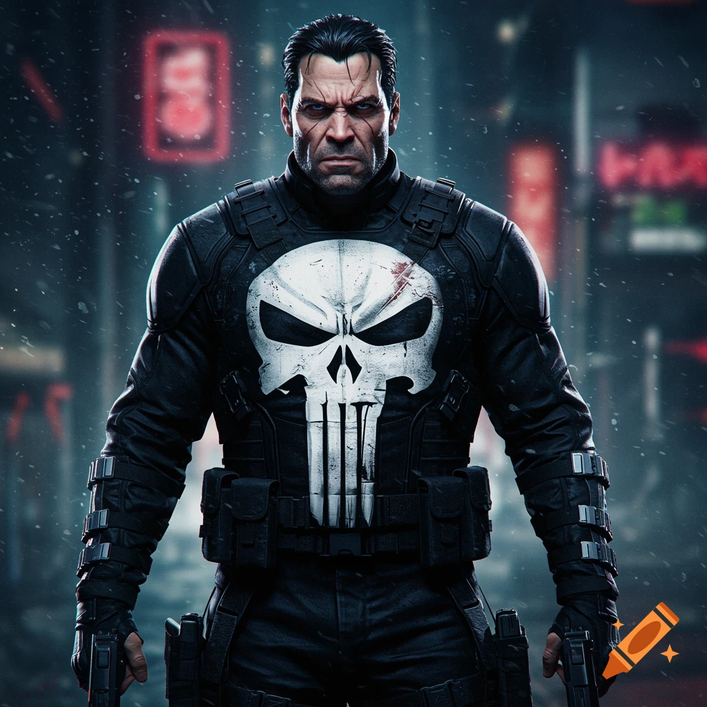 A gritty, hyperrealistic image of the Punisher standing in a dark urban alleyway.