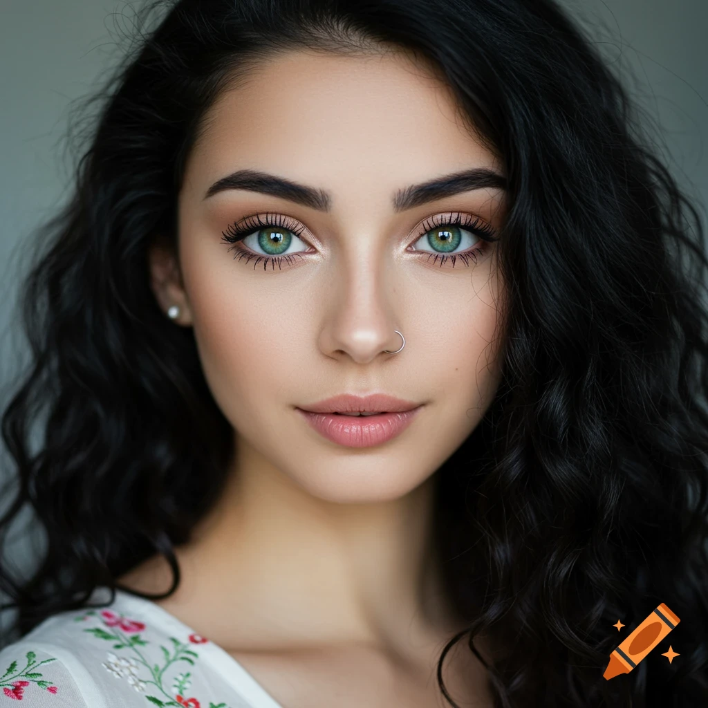 Close-up portrait of a young woman with striking green eyes, dark curly hair, and a nose piercing.