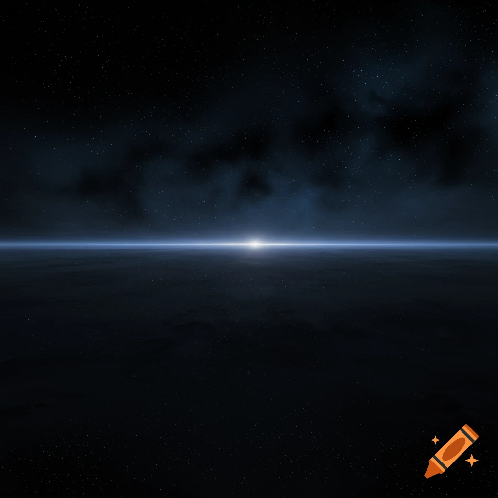 A dark space landscape with stars and a bright light on the horizon.