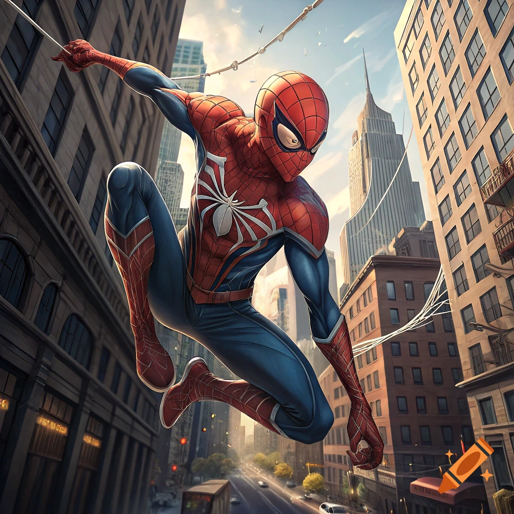 Spider-Man swings through a city street between tall buildings
