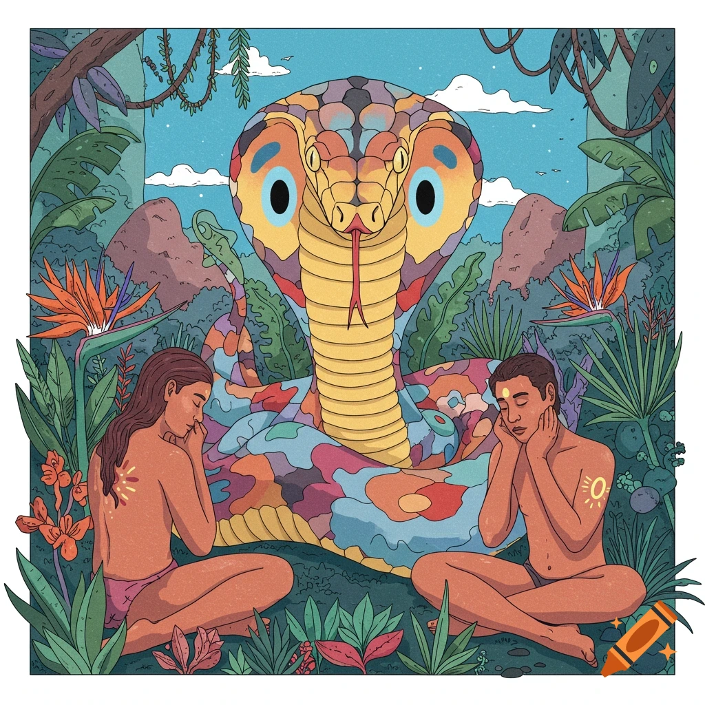 Two people are sitting near a large, colorful snake in a jungle.