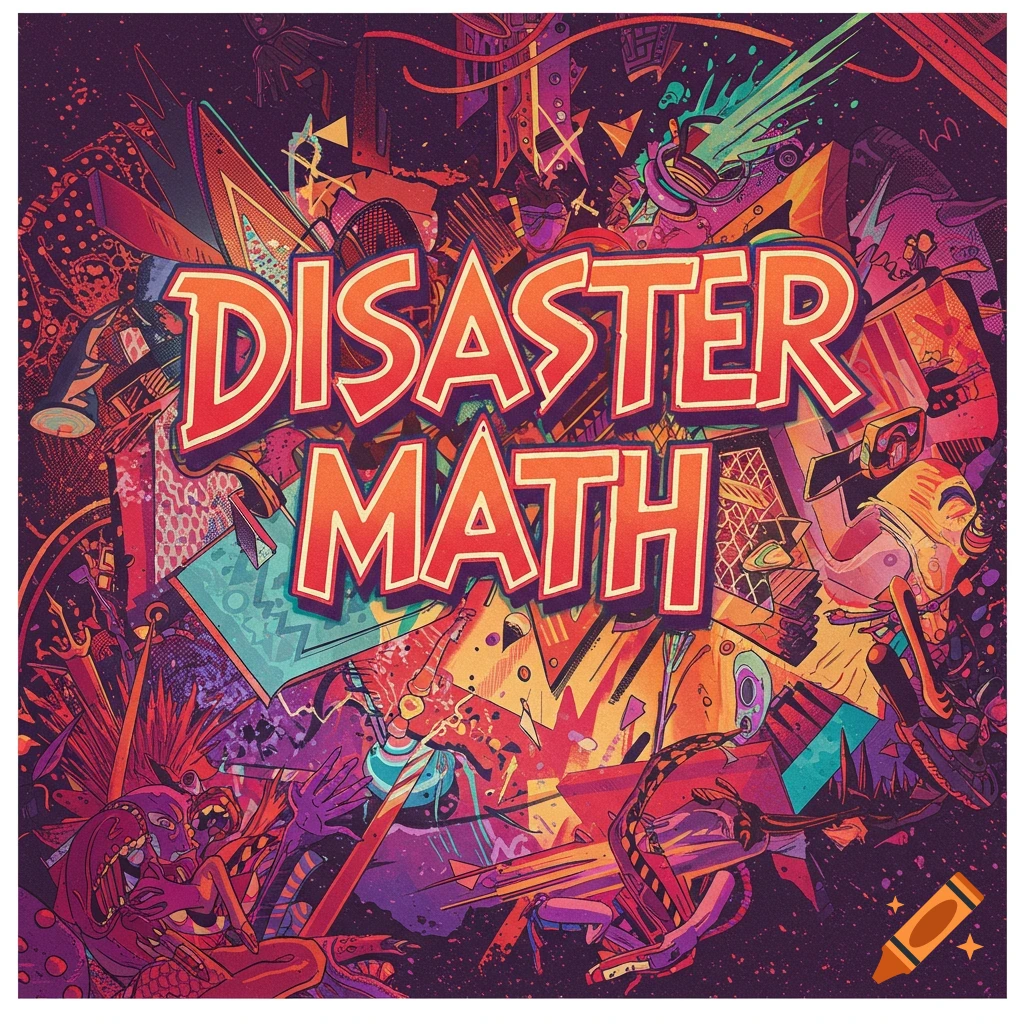 Poster with 'DISASTER MATH' text over a chaotic, colorful abstract background.