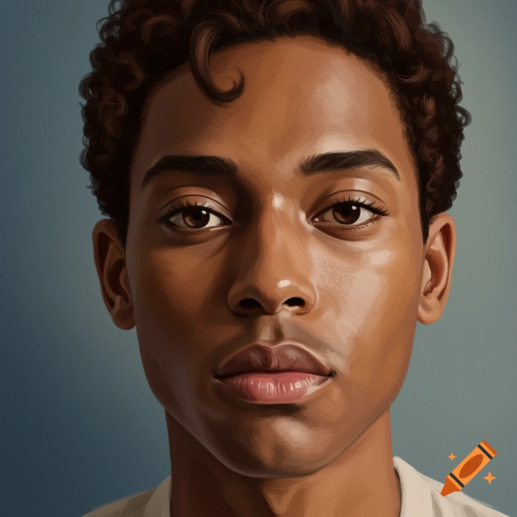 Close-up portrait of a young person with brown skin and curly hair.