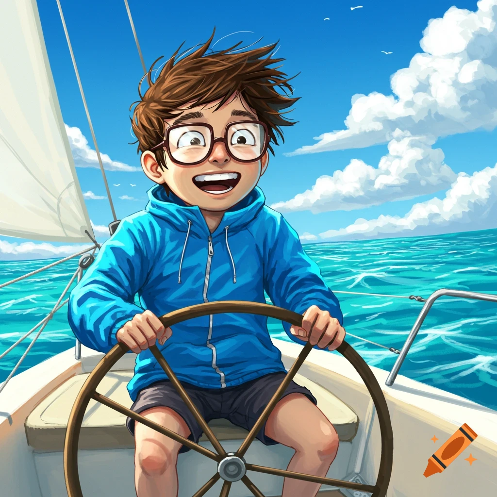 Cartoon boy with glasses happily sailing a boat on a sunny day.