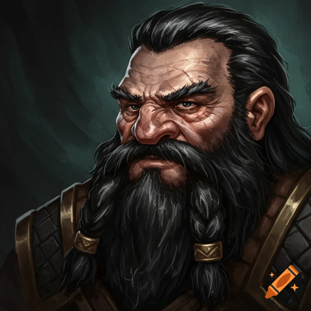 An older scowling dwarf with a long black beard.