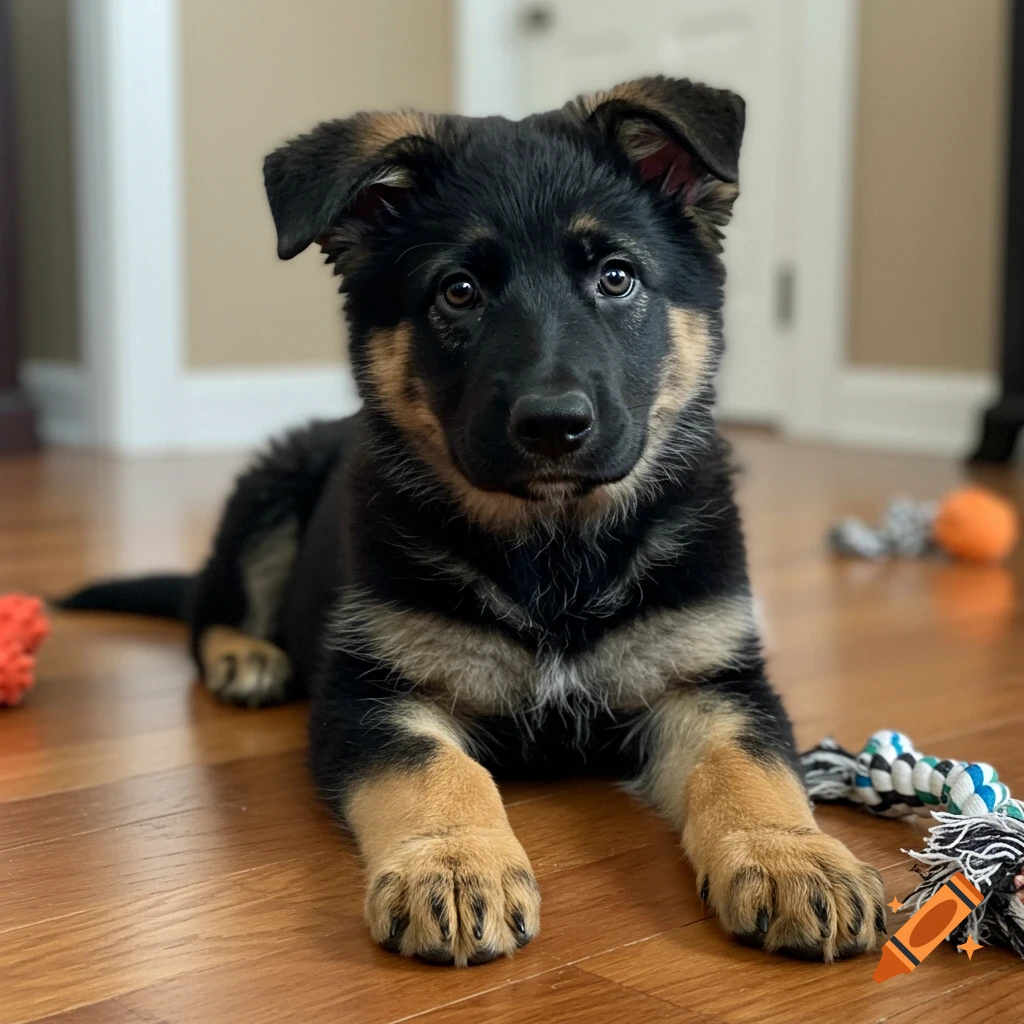 A black and tan German Shepherd puppy lies on a wood floor surrounded by colorful toys.