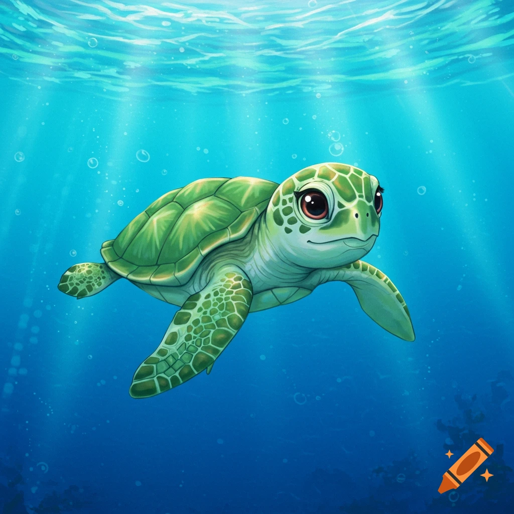 A cute cartoon turtle swims in blue water with light rays from above.