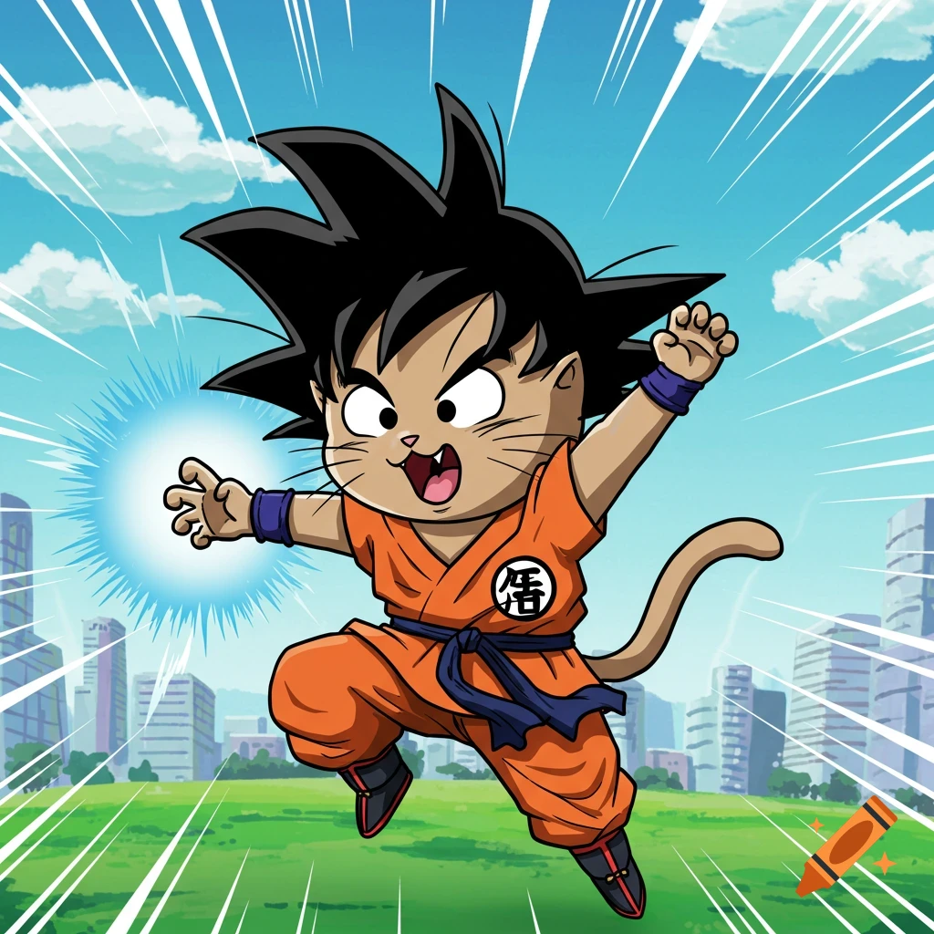 Cartoon cat dressed as Goku jumping with energy sphere, city background