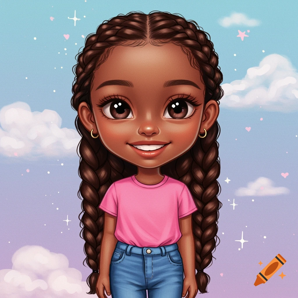 A digital illustration of a cute Black girl with long braids, wearing a pink shirt and jeans, against a pastel sky.